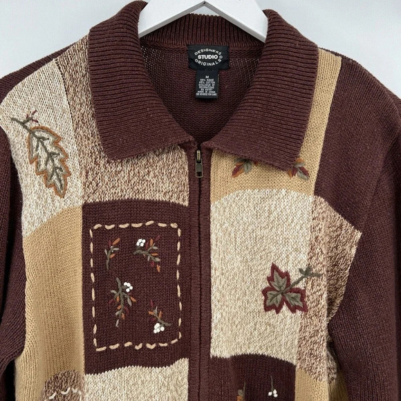Vintage Designers Originals Zip Brown Leaf Embroidered Sweater Women's Medium - Picture 3 of 9